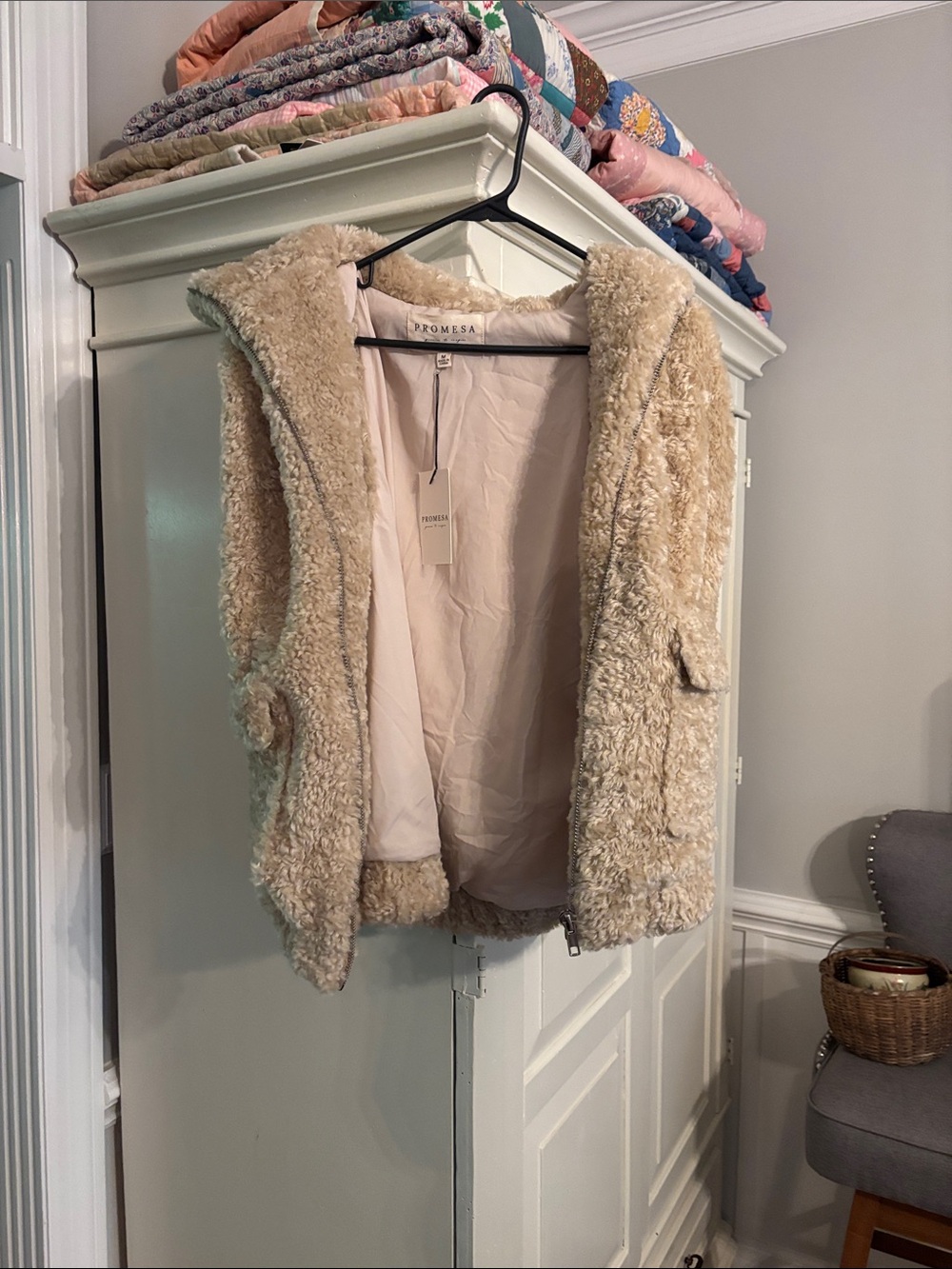Promesa Beige Faux Shearling Hooded Teddy Vest